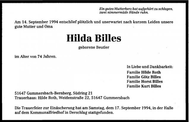 Beuter Hilda Regina 1919-1994 Todesanzeige
